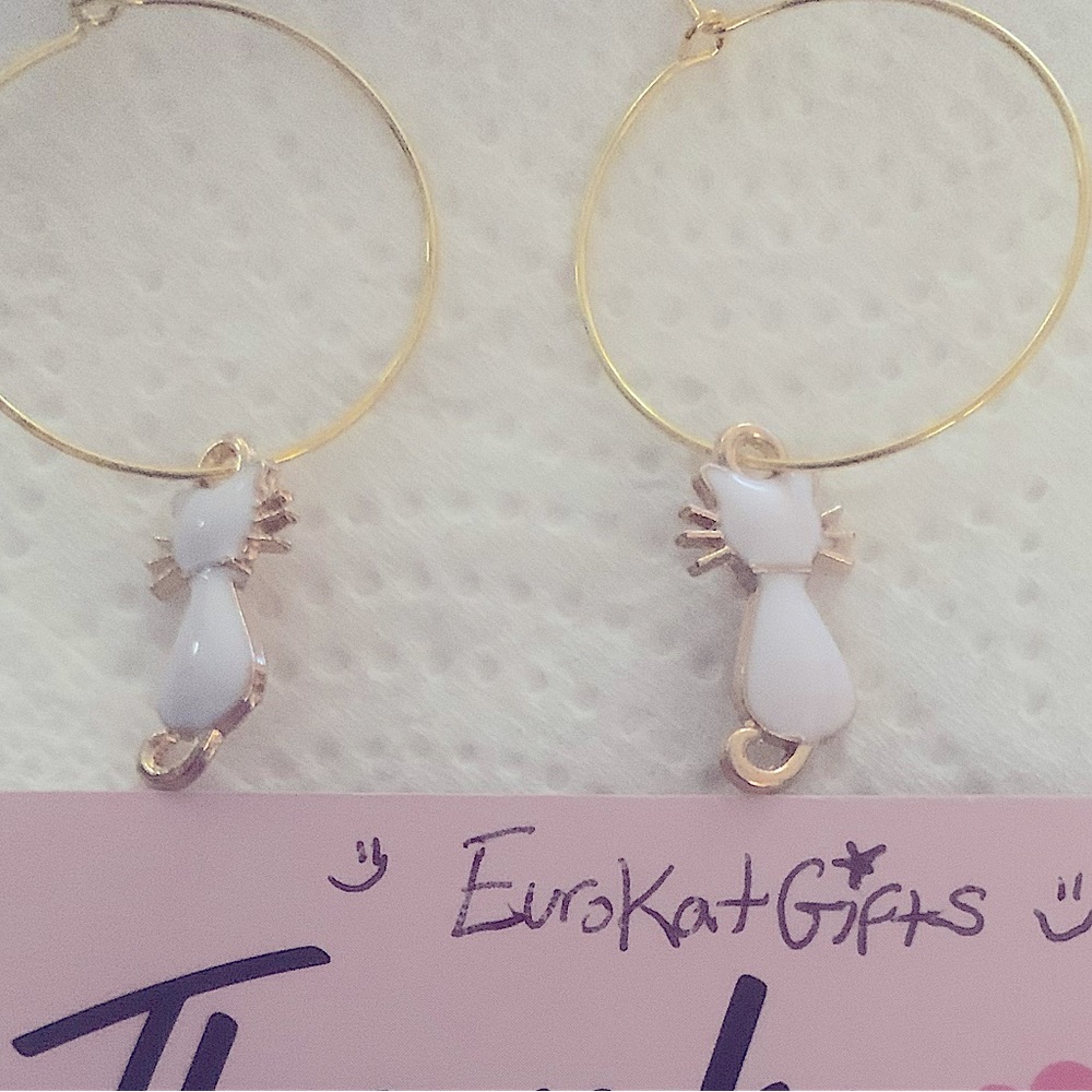 Hand Crafted Gold Hoop Earrings with White Cat Charms NEW - Picture 4 of 6